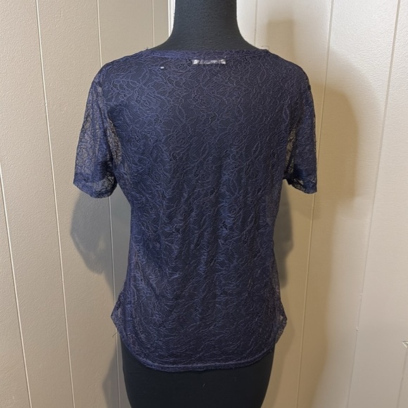 Zara Women’s Small Blue Lace Floral Embroidered Sheer Short Sleeve Top - Picture 5 of 7